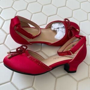 Red Satin Low Heel Shoes with Bow